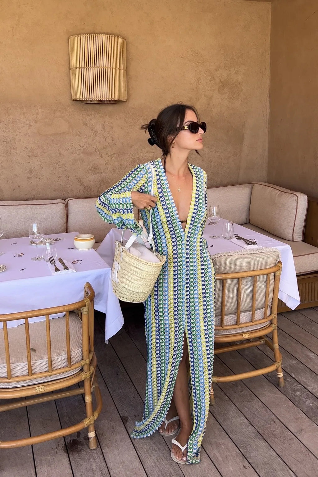 Gehaakte Maxi Jurk Dames – Boho jurk met Flare Mouwen & V-hals
