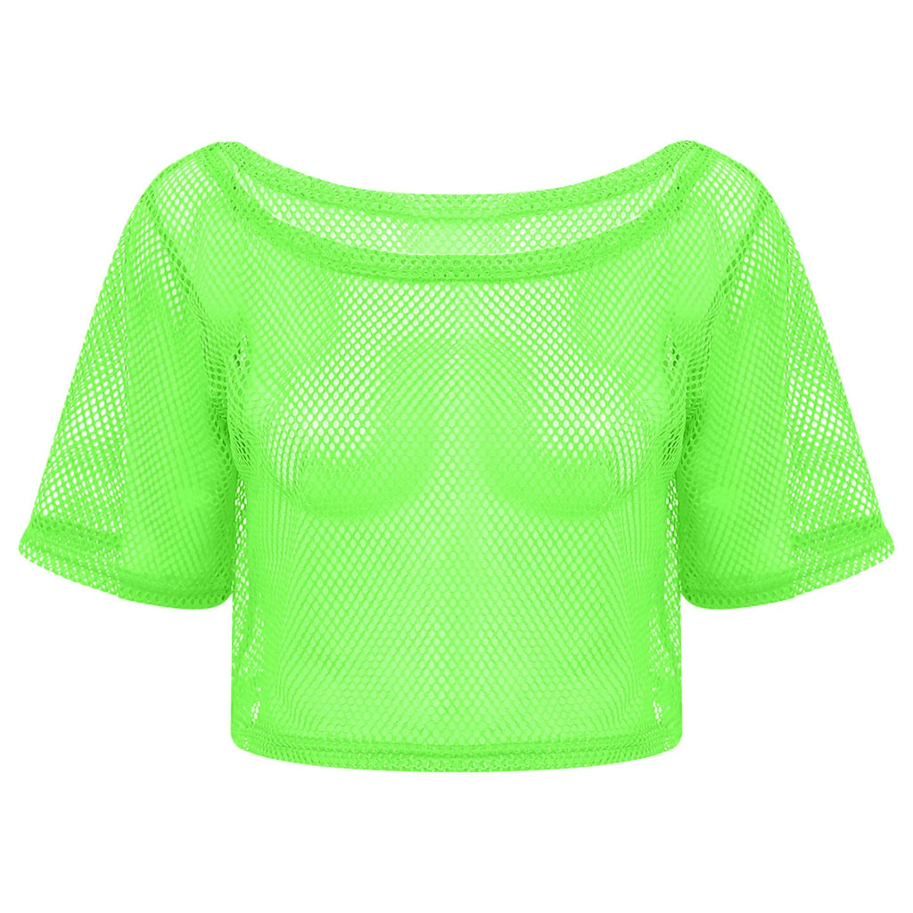 Women 80s Disco Neon Fishnet T-shirt Tops Short Sleeve Hollow Out Mesh
