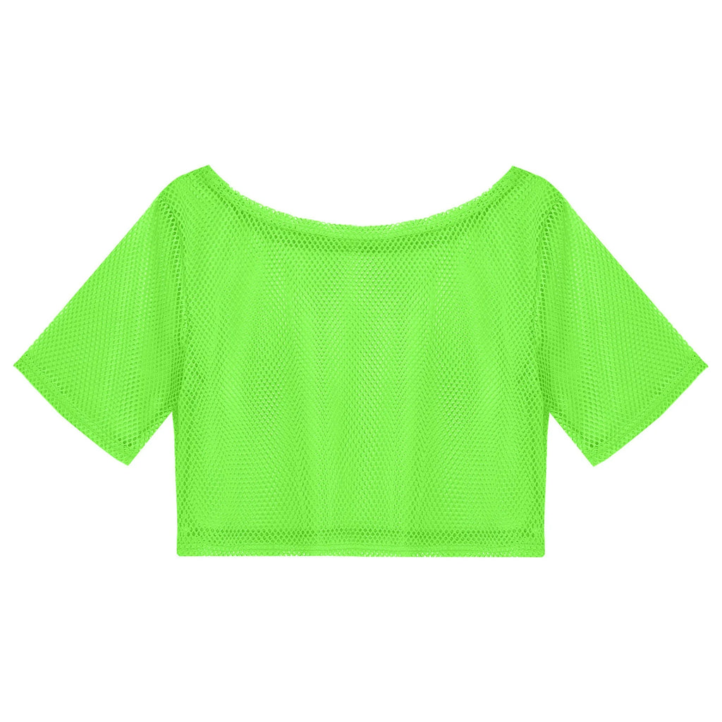 Women 80s Disco Neon Fishnet T-shirt Tops Short Sleeve Hollow Out Mesh
