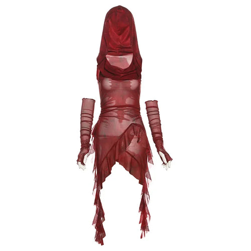 Streetwear 90s Grunge Mesh See Through Hooded Tops Cyber Y2K Irregular